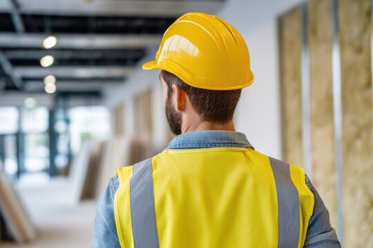 Rear view of a worker in a yellow hard hat and safety vest, observing an unfinished interior construction site.