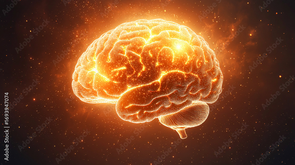 Poster big data and artificial intelligence concept. human brain glowing from processor, symbolizing the fu