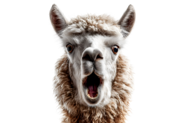 Surprised alpaca with funny face expression isolated on transparent background