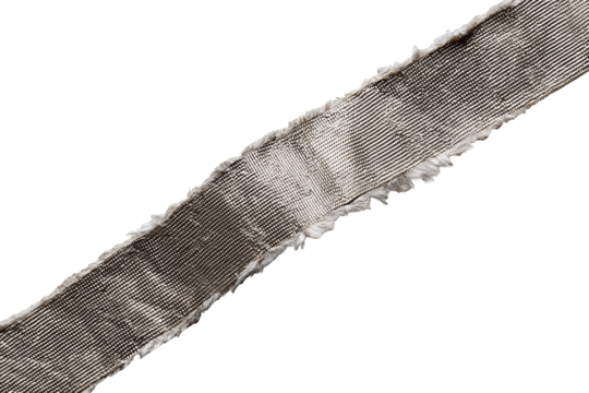 Silver duct tape strip, rough tear on one end with subtle textile texture, angled diagonally, isolated on transparent background.
