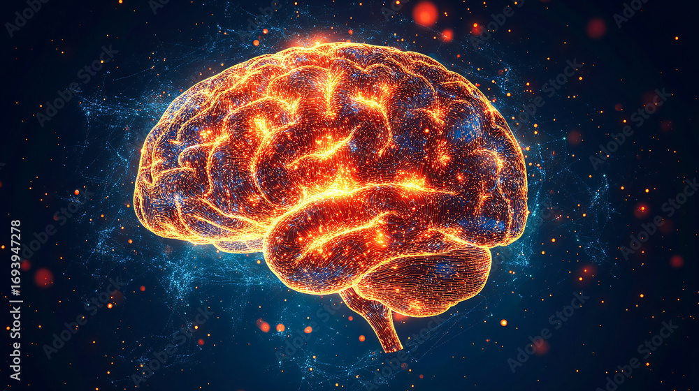 Aufkleber big data and artificial intelligence concept. human brain glowing from processor, symbolizing the fu