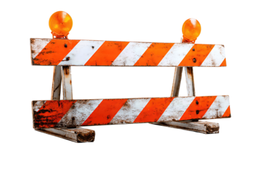 Roadwork barricade with orange-white stripes and twin amber beacons, angled view with scuffed details, isolated on transparent background.
