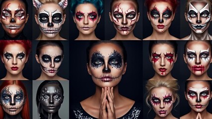 Collage of women's faces adorned with varying spooky Halloween makeup styles on dark background