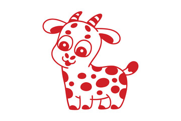 Cartoon goat with red spots stands cheerfully against the white background showcasing simple line artwork