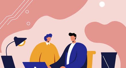 Two professionals collaborating on laptops in a modern office, representing teamwork, productivity, and contemporary business. Ideal for technology and corporate themes.