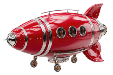 Red rocket body section with chrome bands and round portholes, isolated on transparent background.
