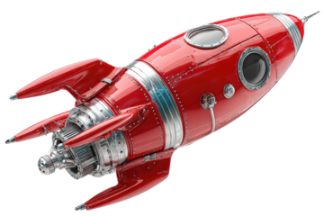 Shiny retro rocket fuselage in red, accented with metallic rings and window details, cropped tail, isolated on transparent background.
