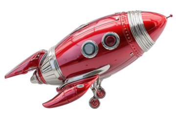 Polished red rocket body with silver bands and small portholes, angled right, fins partly out of frame, isolated on transparent background.

