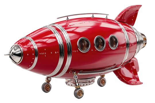 Red rocket body section with chrome bands and round portholes, isolated on transparent background.
