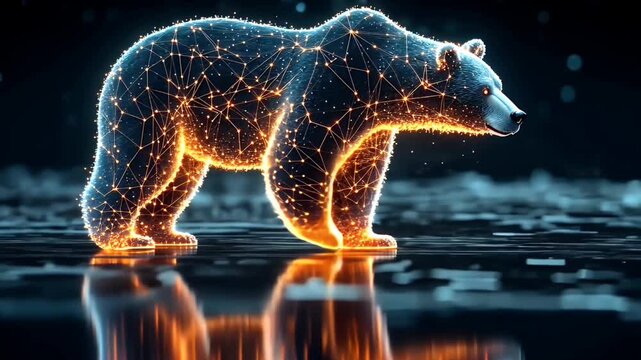 Futuristic digital bear with glowing neon light network and technology pattern reflection