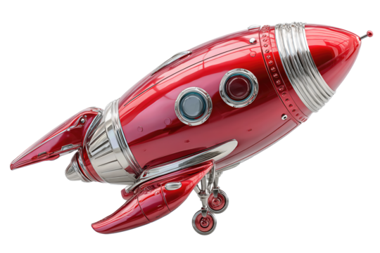 Polished red rocket body with silver bands and small portholes, angled right, fins partly out of frame, isolated on transparent background.
