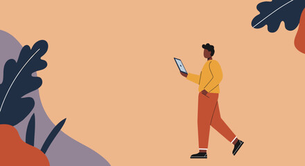 Modern illustration of a man walking, engaged with a tablet. Represents digital connectivity, mobile technology, and contemporary lifestyle. Ideal for business, tech, or casual content.