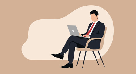 Professional businessman in a suit working on a laptop while seated. Ideal for concepts of remote work, online education, or corporate productivity.