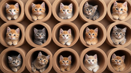 Fototapeta premium Adorable kittens peeking from cardboard tubes