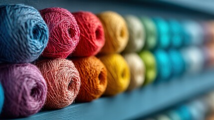 A vibrant assortment of colorful yarn rolls neatly arranged, showcasing a variety of hues and textures ideal for creative projects.