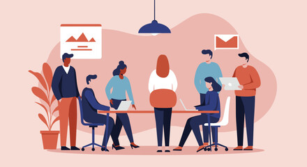 Diverse business team collaborating in a modern office meeting, discussing strategy and working on laptops. Ideal for corporate productivity and teamwork concepts.