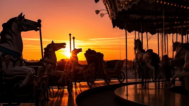 Merry-go-round horses and chariot silhouetted against the warm sunset sky