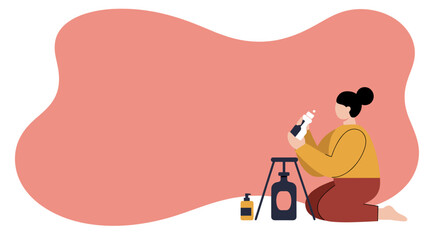 Woman kneeling, using a spray bottle with personal care or cleaning products. Concept of hygiene, self-care, and home wellness.