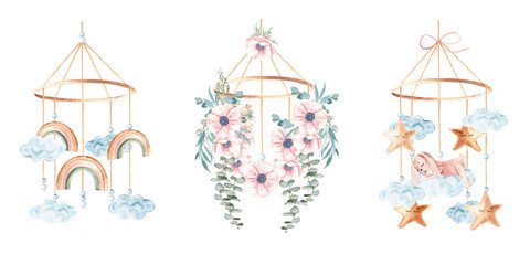 Baby cradle Mobile Set with cute bunny, rainbows and flowers. Hand drawn Watercolor illustration in pastel colors of kids hanging toy. For greeting cards, gender reveal party or baby shower