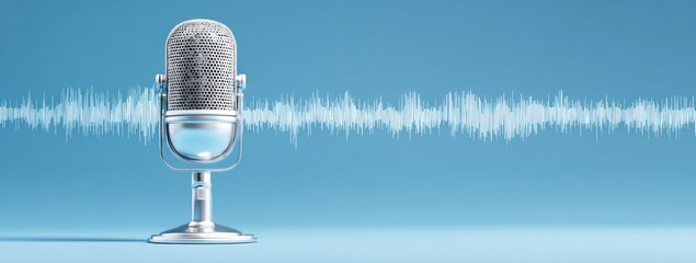 A silver retro microphone is shown against a light blue background with a sound wave displayed horizontally in the center of the image