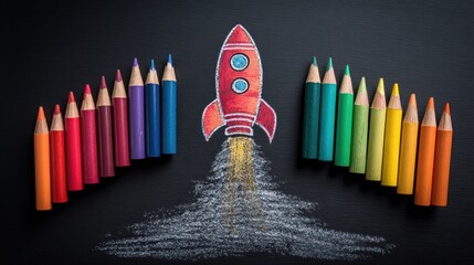 A vibrant arrangement featuring colorful pencils framing a rocket sketch, set against a dark textured background. The rocket has a drawn smoke trail
