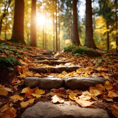 A picturesque stone path winding through a vibrant autumn forest, covered with golden leaves, bathed in warm sunlight.