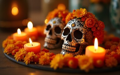 Ofrenda día de muertos noviembre méxico incienso copal flor de cempasúchil calaveras de azúcar tradiciones otoño. High quality