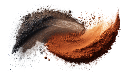 Two piles of rustic pigments blended in an arc, warm earthy tones with granular detail, isolated on transparent background.
