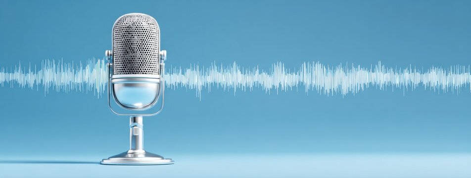A silver retro microphone is shown against a light blue background with a sound wave displayed horizontally in the center of the image