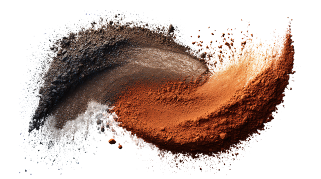 Two piles of rustic pigments blended in an arc, warm earthy tones with granular detail, isolated on transparent background.
