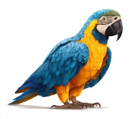 Obraz premium Beautiful blue and gold macaw standing alert against a white background, showcasing vibrant plumage and detailed feathers