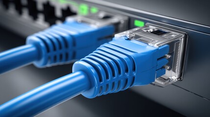 Close up view of two vibrant blue network cables plugged into a sleek dark grey device, indicating connectivity with faint green lights