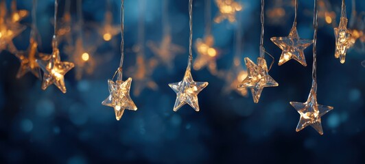 The star-shaped string lights glowing against a soft blue bokeh background
