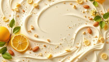 lemon cream shine theme with light pastel lemon with almond cream, romantic golden cream wash, airy cream particles, macro lemon cream glow, soft and dreamy