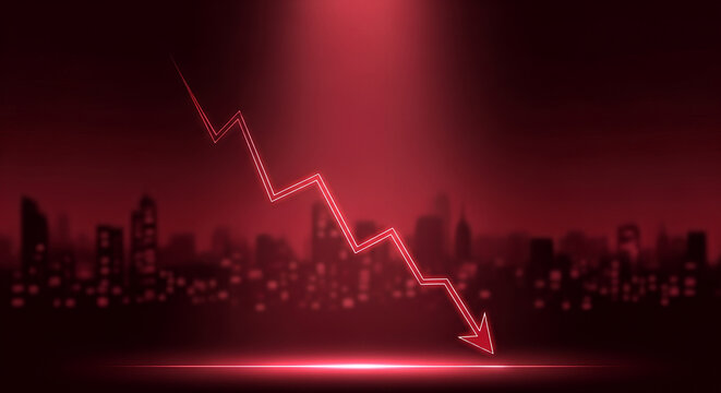 Red downward arrow over city skyline represents economic decline and financial market downturn concept