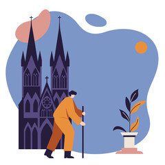Senior man walking with a stick past a majestic Gothic cathedral, illustrating travel, culture, and historical exploration.