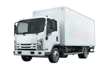 Commercial delivery box truck in plain white finish, minimal design and no branding, isolated on transparent background.
