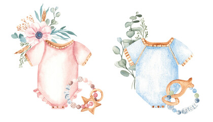 Baby Boy and Girl, Twins compositions Set in eco style. Bodysuit, Teething ring and floral bouquet. Watercolor hand painted cute kid clothes on a white background. For baby shower, gender reveal party