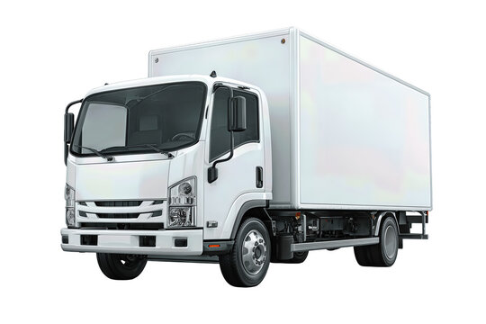 Commercial delivery box truck in plain white finish, minimal design and no branding, isolated on transparent background.
