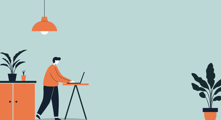 Man working on a laptop in a modern, minimalist home office setting, representing remote work, productivity, and contemporary business lifestyle.