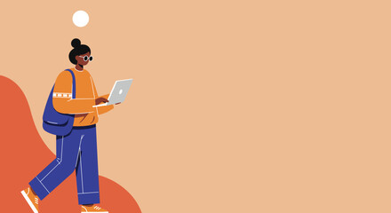 Young person walking confidently while using a laptop, embodying modern productivity, remote work, and digital lifestyle. Ideal for technology and education concepts.