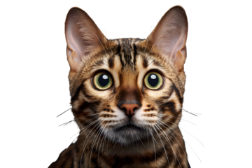 Close up of surprised Bengal cat with big eyes isolated on transparent background