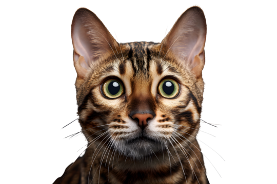 Close up of surprised Bengal cat with big eyes isolated on transparent background