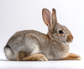 Fototapeta premium Soft brown rabbit, ears erect, rests calmly on a clean white background, radiating quiet serenity