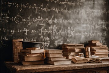 Academic scene A mortarboard rests atop stacks of aged books against a chalkboard scrawled with complex mathematical formulas in chalk