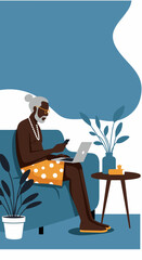 Relaxed senior man using a laptop and smartphone on a sofa at home, embodying remote work and modern digital lifestyle.