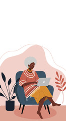 Senior African American woman comfortably using a laptop at home, embracing technology for leisure, remote work, or staying connected.