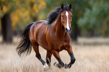 Obraz premium Bay horse galloping through a field of dry grass