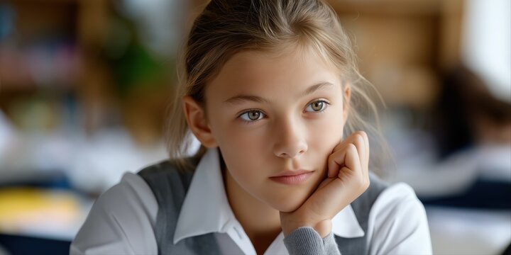 Thoughtful caucasian young girl in classroom setting
