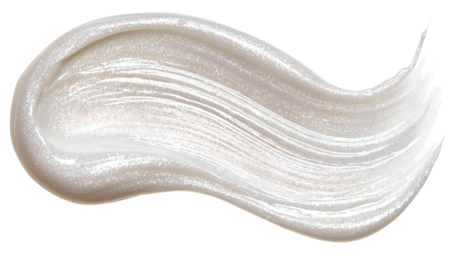 Shiny skincare smear forming a flowing S-shape, luminous white with pearly highlights, isolated on transparent background.
